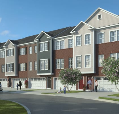 a rendering of a row of town houses on a street with people walking and biking at The Retreat at Brandywine Crossing, Brandywine, MD
