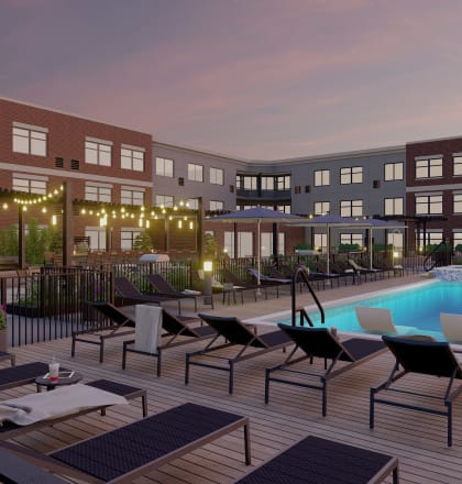 a rendering of an apartment complex with a pool
