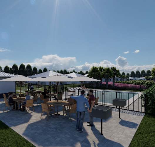 a rendering of a patio area with tables and umbrellas