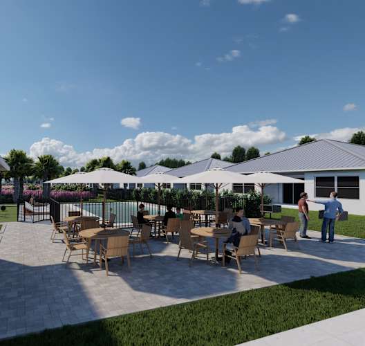 a rendering of a patio with tables and umbrellas
