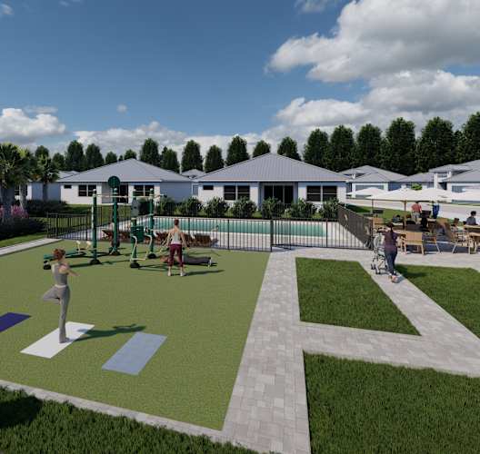a rendering of a childrens play area in a neighbourhood with a pool
