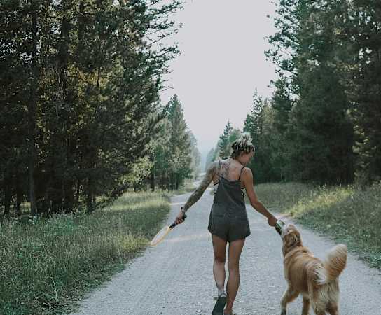 A woman walking a dog on a path in a forest.