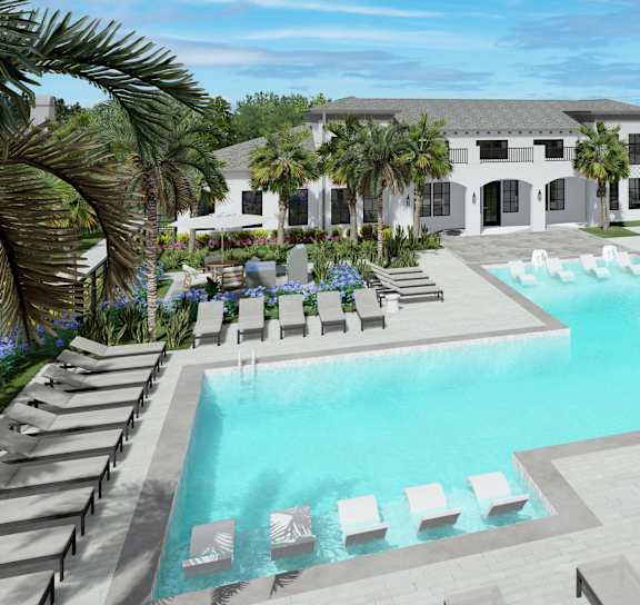 A large swimming pool surrounded by lounge chairs and palm trees.at Terrassa Luxury Apartments, Saint Augustine, FL 32084