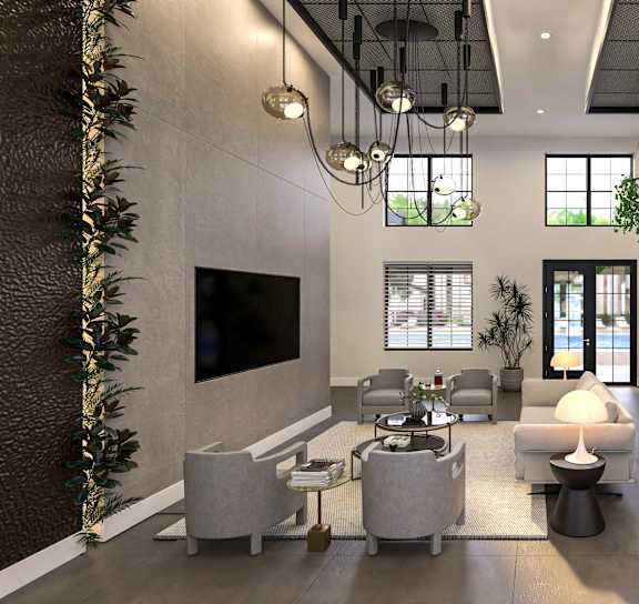 A modern living room with a large TV, comfortable seating, and a bar area at The Levi Luxury Apartments, McDonough, GA 30253