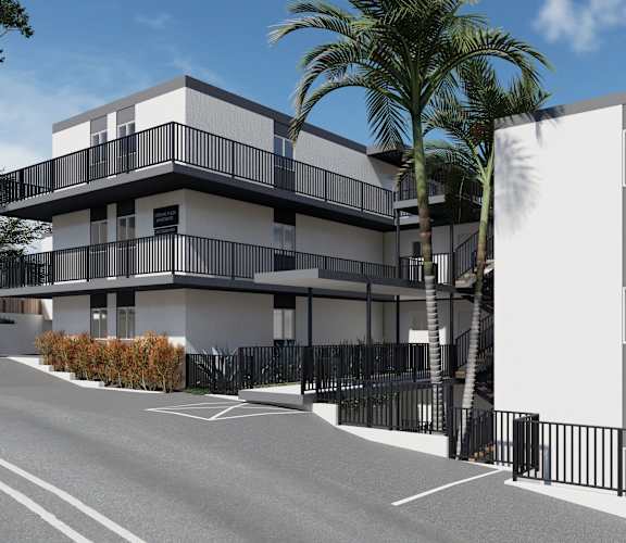 a rendering of a building with palm trees in front of it at Ocean Edge @ Laguna Beach Apartments, California