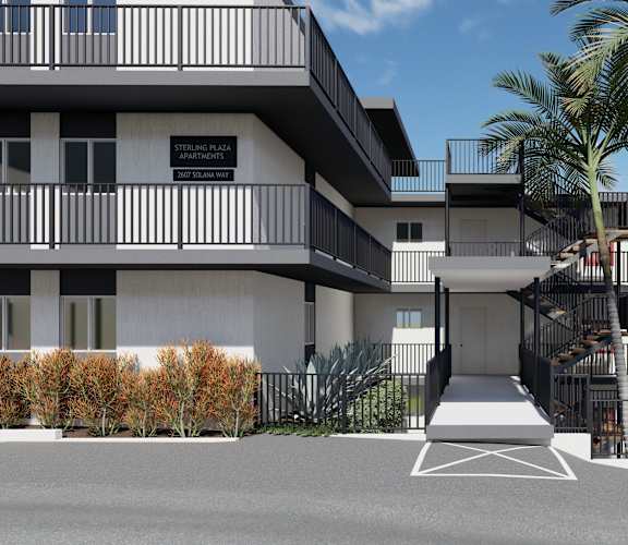 a rendering of a building with palm trees in front of it at Ocean Edge @ Laguna Beach Apartments, California