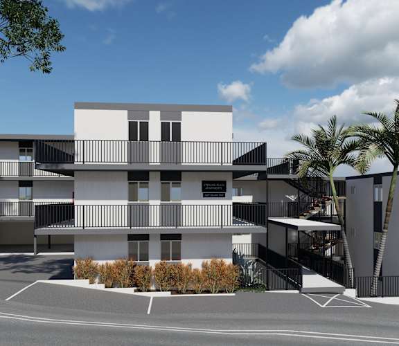a rendering of a white and black building with palm trees at Ocean Edge @ Laguna Beach Apartments, California