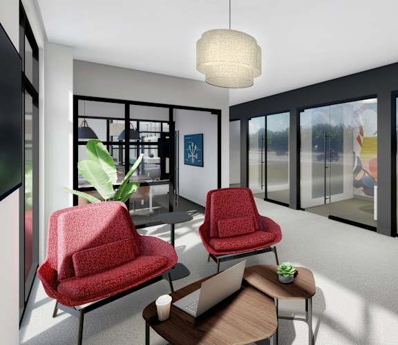 a rendering of a living room with red chairs and a coffee table at 2929 on Mayfair, Wauwatosa