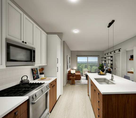 a rendering of a kitchen and living room in a 555 waverly unit at 2929 on Mayfair, Wauwatosa, Wisconsin