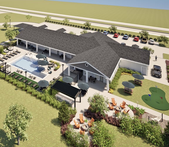 A rendering of a residential area with a pool and tennis court.