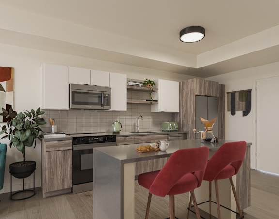 Kitchen with counter and chairs at Kinline, Beaverton, Oregon