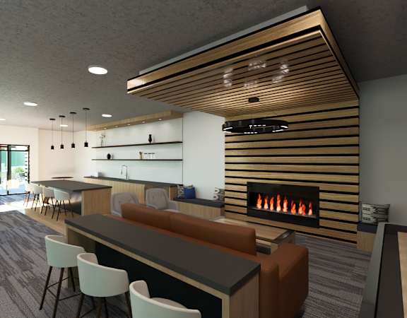 A modern living room with a pool table and a fireplace.