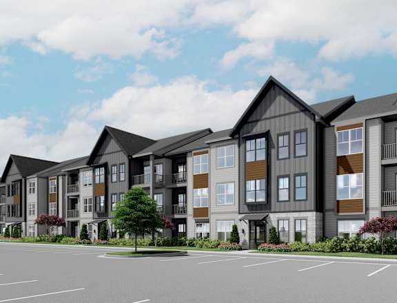a rendering of a row of apartment buildings on a street at The Pullman Luxury Apartment Homes, Atlanta, GA 30349