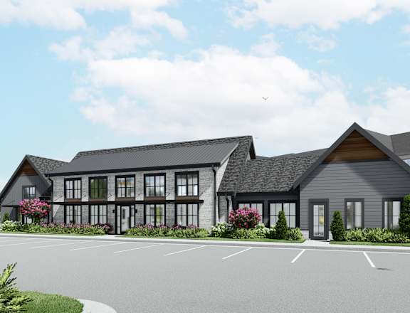 a rendering of a house with a parking lot in front of it at The Pullman Luxury Apartment Homes, Atlanta, 30349