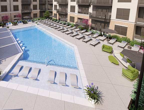 A large swimming pool surrounded by lounge chairs and umbrellas.
