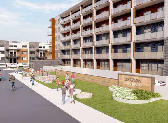 A rendering of a modern apartment complex with a sign that reads "Edgeway Place Entry.".