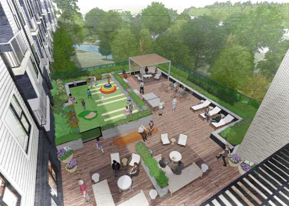 A rendering of a rooftop patio with people sitting and standing around.