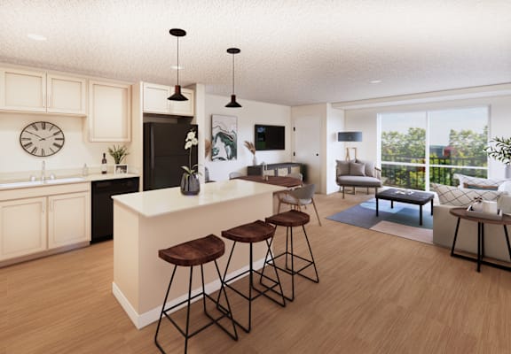 A modern kitchen with a bar area and a living room area.