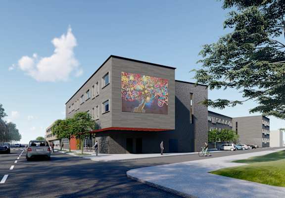 a rendering of a building with a mural on the side of a street