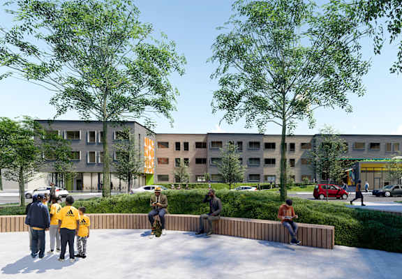 a rendering of people sitting on benches in front of a building