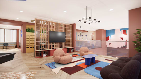 A modern living room with a flat screen TV mounted on a wooden wall.