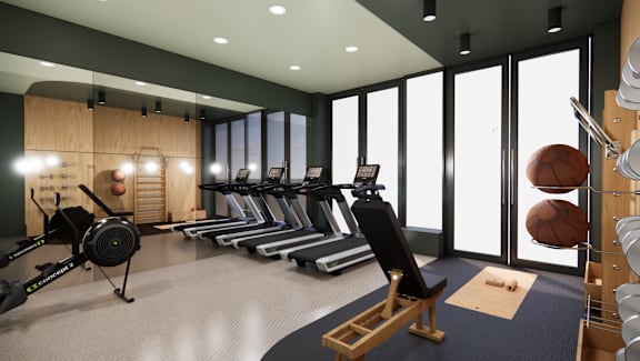 A gym with treadmills, exercise balls, and weights.