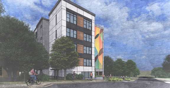 a rendering of a tall building with a person riding a bike at Link Apartments® CYKEL Apartments, Charlotte , NC