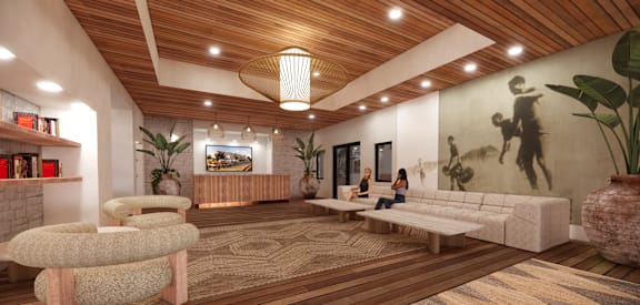 A modern living room with a wooden floor and ceiling, a large rug, and a mural on the wall.