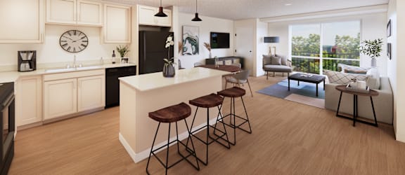 A modern kitchen with a bar area and a living room area.
