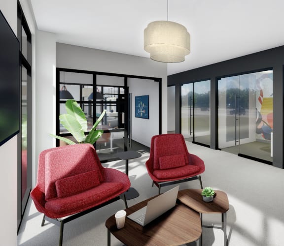 a rendering of a living room with red chairs and a coffee table at 2929 on Mayfair, Wauwatosa