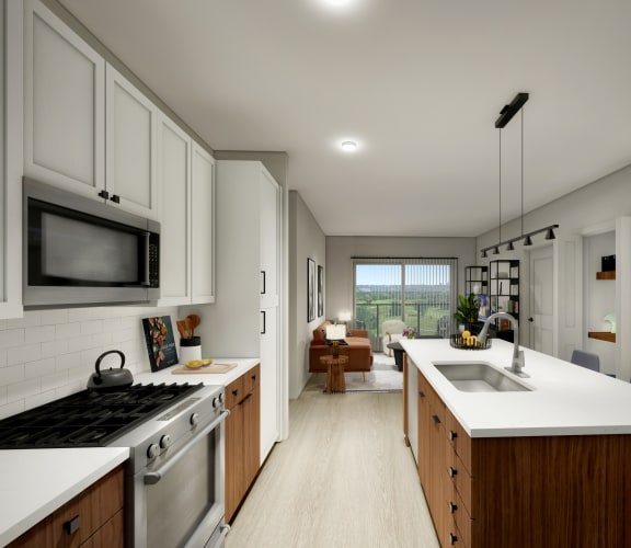 a rendering of a kitchen and living room in a 555 waverly unit at 2929 on Mayfair, Wauwatosa, Wisconsin