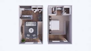 A floor plan of a small apartment with a kitchen, living room, and bedroom.