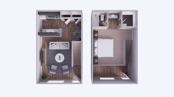 A floor plan of a small apartment with a kitchen, living room, and bedroom.