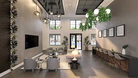A modern living room with a large TV, comfortable seating, and a bar area at The Levi Luxury Apartments, Georgia