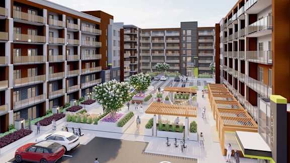 A rendering of a modern apartment complex with a central courtyard and pedestrian walkways.