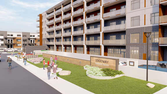 A rendering of a modern apartment complex with a sign that reads "Edgeway Place Entry.".