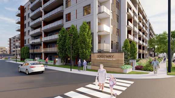 A rendering of a street with a white car driving down the road and people crossing the street.
