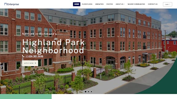 A website header for a neighborhood with a building in the background.