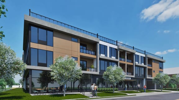 a rendering of a building with people walking in front of it