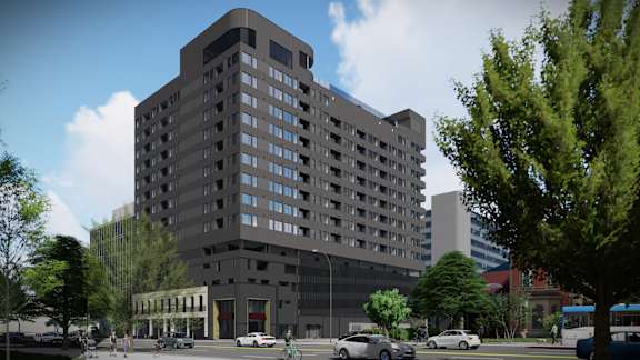 an illustration of a tall building on a city street