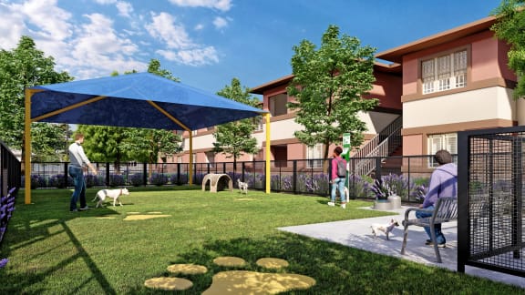 a rendering of a dog park with people walking their dogs