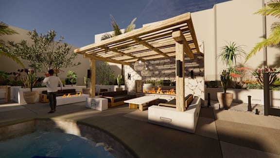 a rendering of a patio with couches and a fireplace