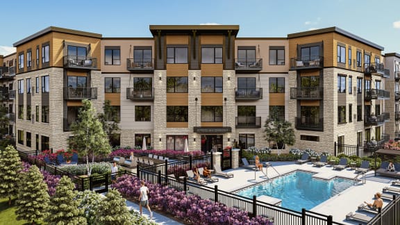 a rendering of an apartment building with a swimming pool
