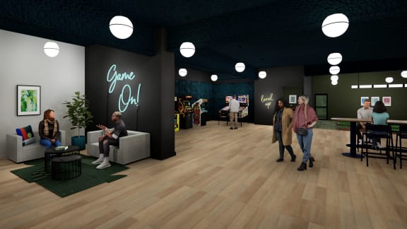 a rendering of the inside of a building with people walking around and tables and chairs