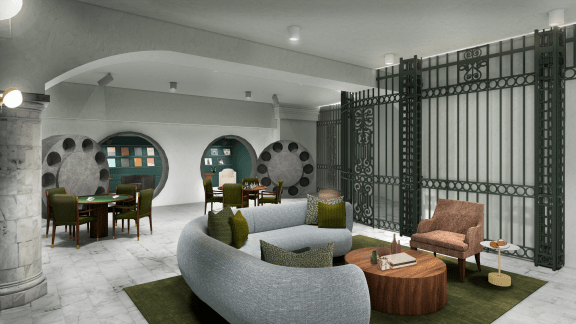 a rendering of a living room with furniture and a table