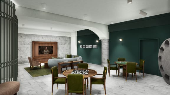 a living room with tables and chairs and a fireplace