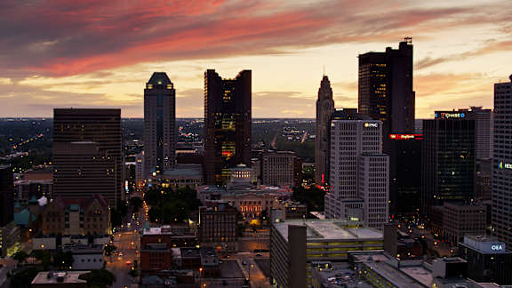 a view of the atlanta skyline at sunset