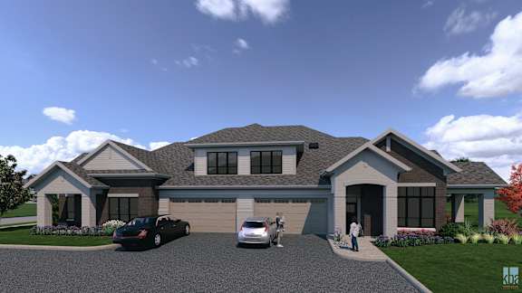 A modern house with a grey roof and a garage.