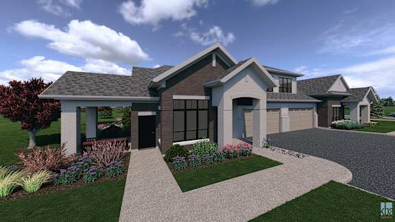 A modern house with a grey roof and a driveway leading to the garage.
