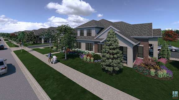A rendering of a modern house with a landscaped front yard.